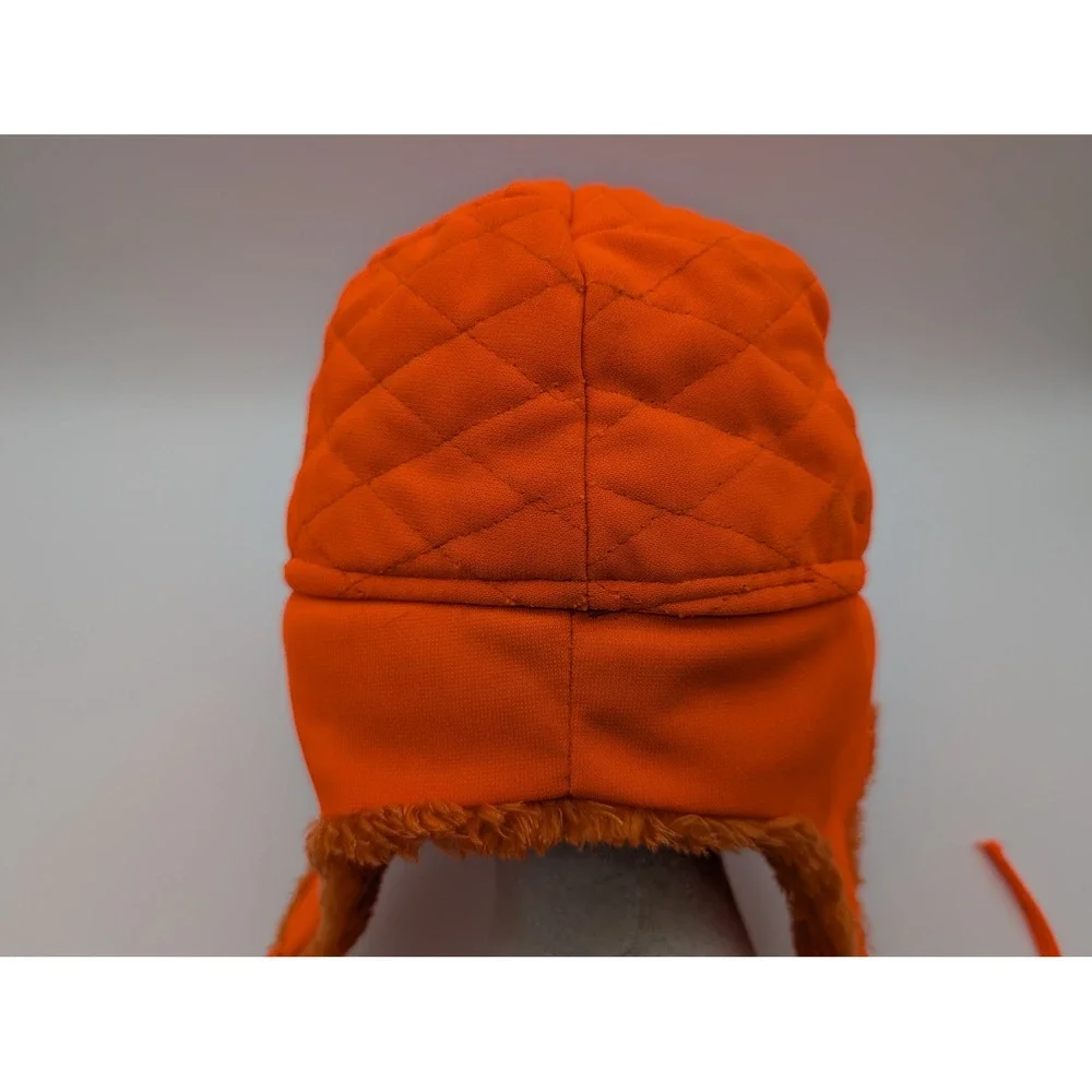 Vintage Blaze Orange Quilted Hunting Hat Ear Flaps Faux Fur Lined Trapper Cap